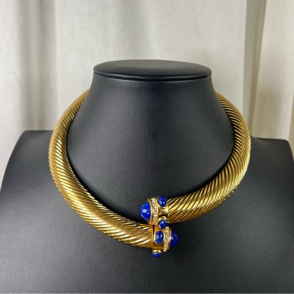 Vintage Givenchy 18k Gold Plated Torque Necklace w/ Glass Stones & Rhinestones - Picture 1 of 16